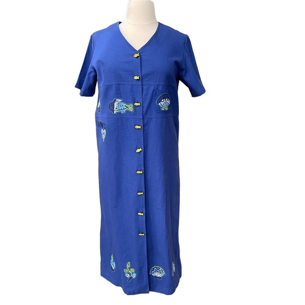 Vintage Sag Harbor Linen & Cotton Maxi Dress with Fish Buttons and Fish Print